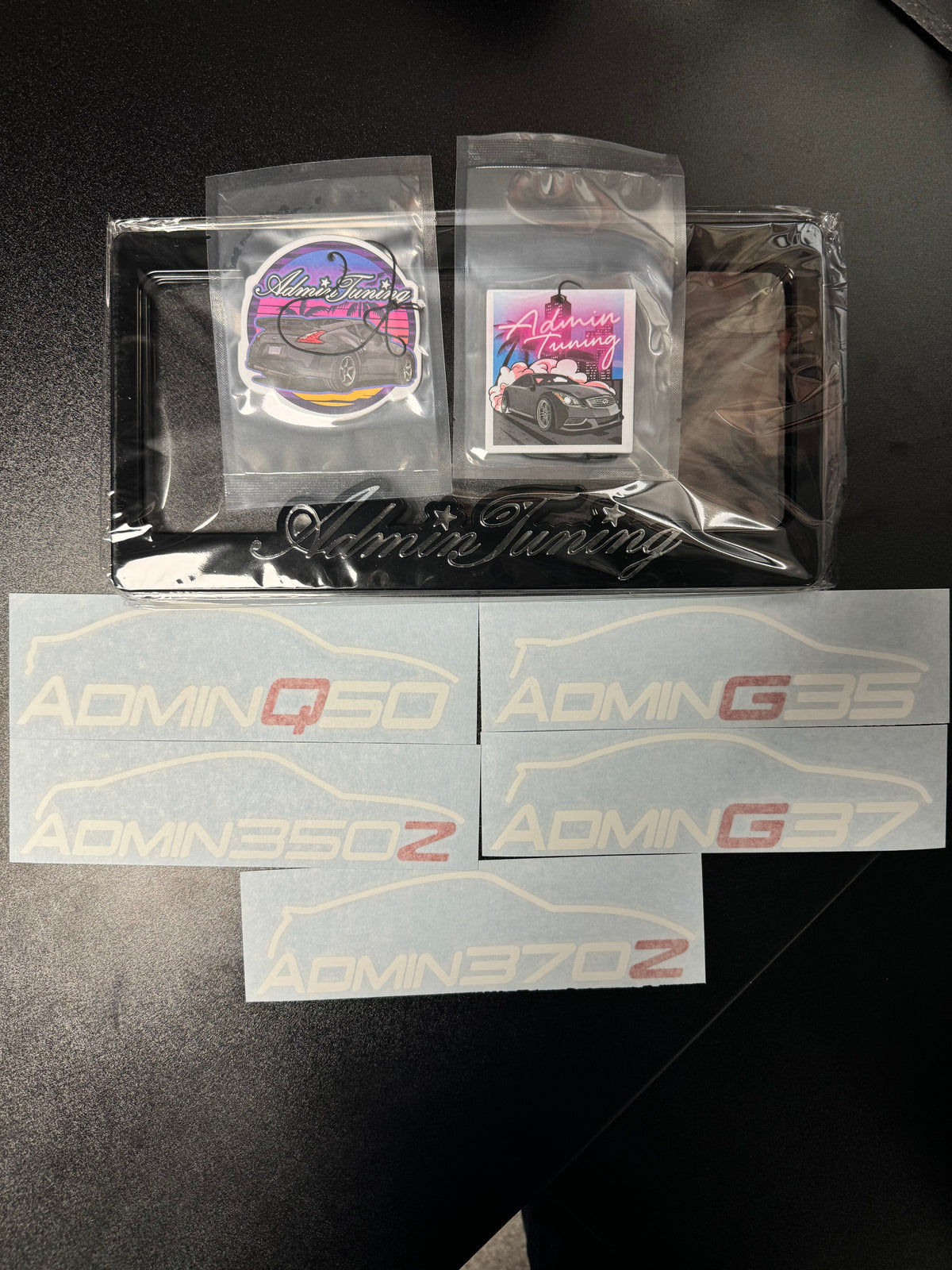 AdminTuning Merch Pack V1 - License Plate Frame, Decal Pair, Air Freshener