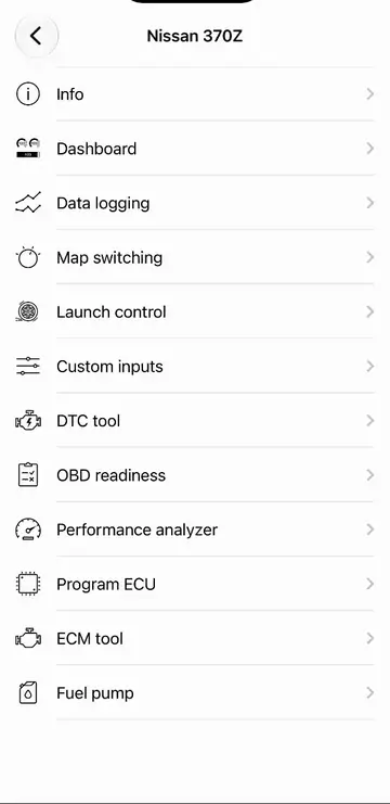 ECUTEK app on a Nissan 370Z: Custom inputs with the Adjustable Traction Control (No TCS to Max TCS) and Antilag Setting (Light to Max) sliders